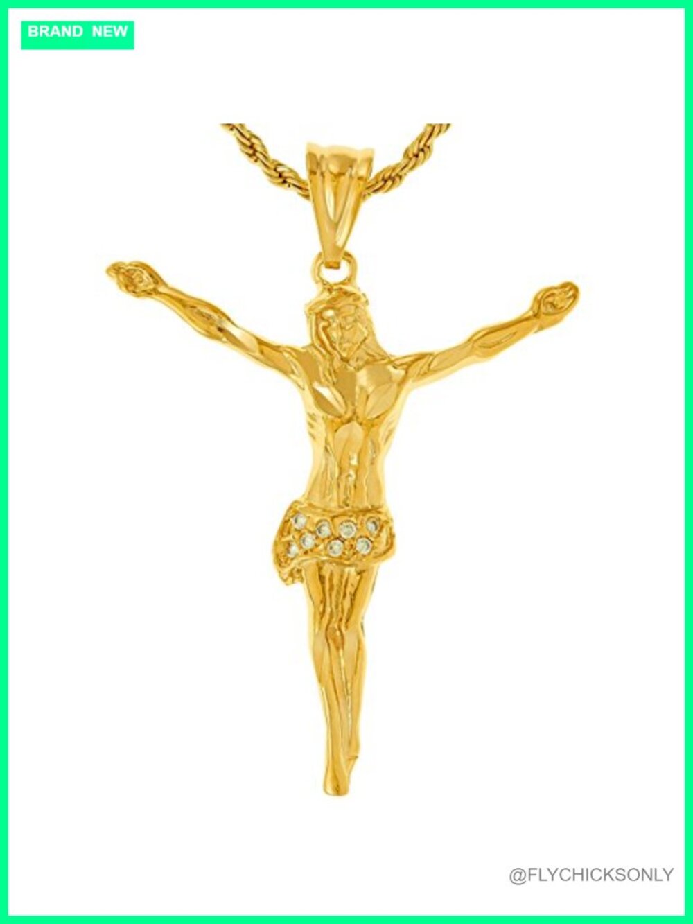 24k Gold Plated Cubic Zirconia Jesus Cross Pendant Necklace Rope Chain